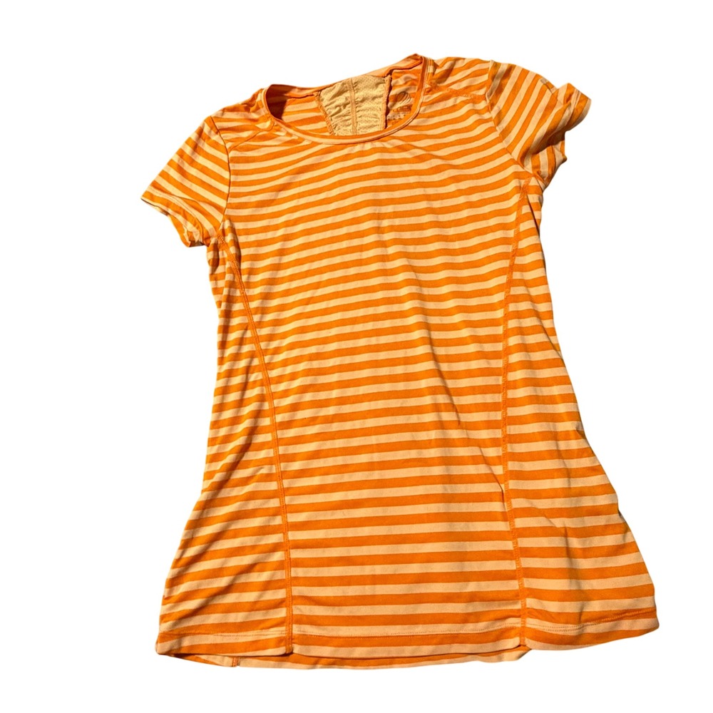 MPG Sport Womens Orange Striped Activewear Top Mesh Back Short Sleeve Size M